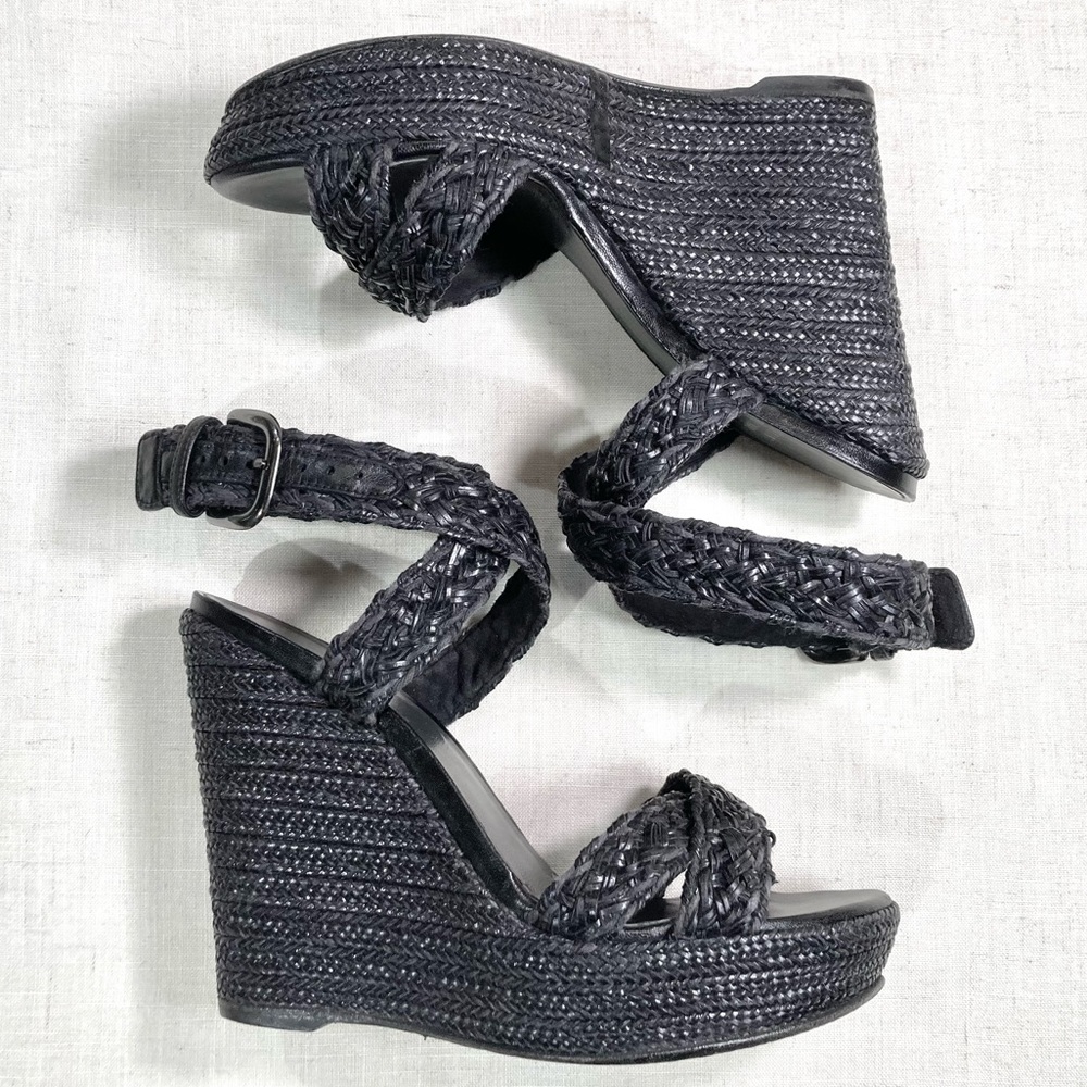 Stuart Weitzman Hoopla wedge in black braided leather platform espadrilles